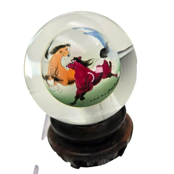 Hand-Painted Crystal Glass Ball Globe With Horses Asian Decor Wooden Stand je218 - Picture 2 of 8